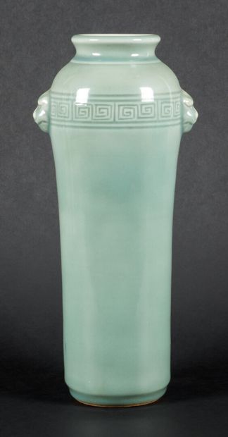 null Cylindrical celadon porcelain vase with underglaze Greek decoration and lions'...