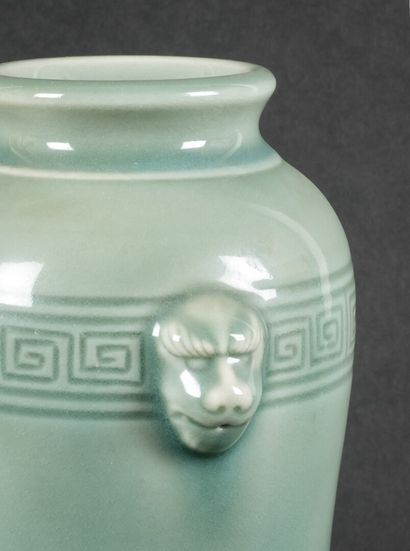 null Cylindrical celadon porcelain vase with underglaze Greek decoration and lions'...