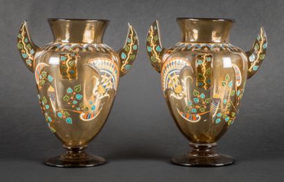 null Pair of smoked glass vases of baluster shape with enamelled decoration of stylized...