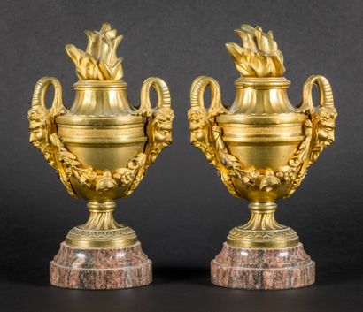 Pair of fire pots in chased and gilded bronze,...