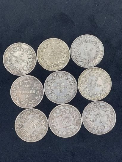 null Lot of 9 coins of 5 Fr silver including 2 Charles X, 1 Louis Philippe, Napoleon...