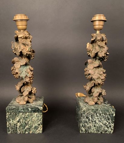 Pair of bronze lamps with vine stems resting...
