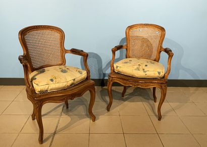 Pair of cabriolet armchairs, wicker seats...