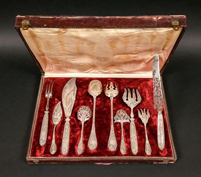 null Case including ten pieces of silver service finely decorated with foliage in...