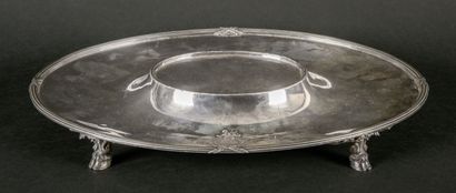 null Tray--presenter resting on four silver "sabot" feet, decorated with ribbons,...
