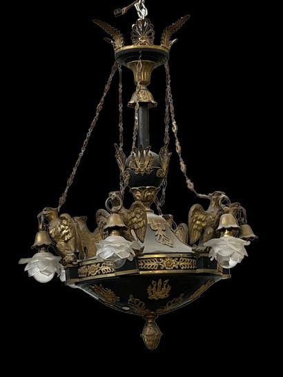Six-light pendant in green cloth and gilt...