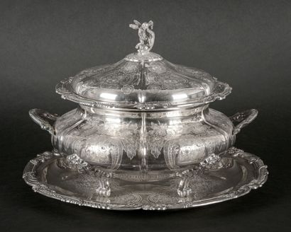 null Covered tureen and its tray in silver with chiseled decoration of floral motifs....