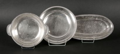 null Set of three plain silver dishes with a border of large pearls:

- a round dish...