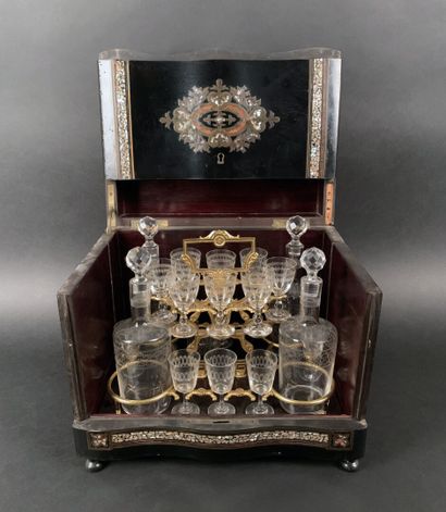 null Liquor cabinet in blackened wood and marquetry of brass, mother-of-pearl and...