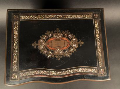 null Liquor cabinet in blackened wood and marquetry of brass, mother-of-pearl and...