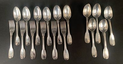 null Set of six forks and ten spoons mismatched in silver.

Punches XVIII and XIXth

Weight...