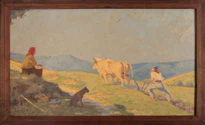 null Hippolyte Marius GALY (1847-1929) 
The ploughing
Oil on cardboard signed lower...