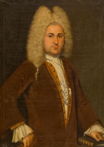 null FRENCH SCHOOL, 18th century
Portrait of a man with a wig, holding a book
Oil...