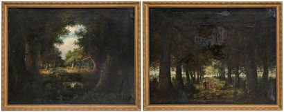 null Attributed to DIAZ de la PENA 
Animated landscapes 
Two oils on canvas, traces...