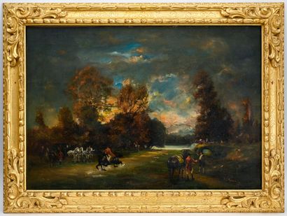 null Attributed to Théodore ROUSSEAU
Hunting in the Hounds
Oil on canvas marked on...