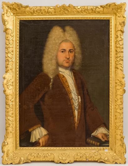 null FRENCH SCHOOL, 18th century
Portrait of a man with a wig, holding a book
Oil...
