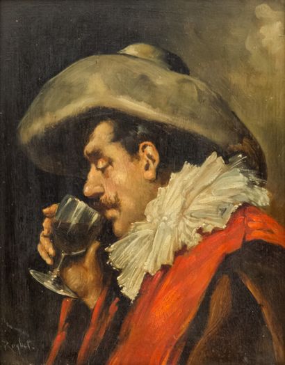 null Ferdinand ROYBET (1840-1920)
Musketeer drinking 
Oil on panel 
30,5 x 24 cm...