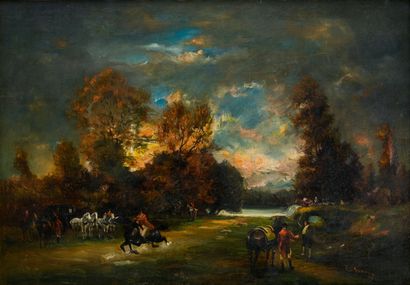 null Attributed to Théodore ROUSSEAU
Hunting in the Hounds
Oil on canvas marked on...