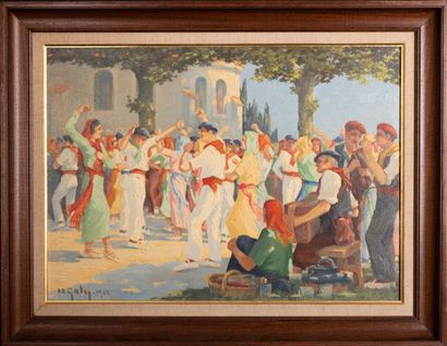 null Hippolyte Marius GALY (1847-1929) 
Basque Dancers in the Village Square
Oil...