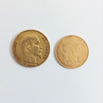 null Deux pièces or : Une pièce or de 20 francs 1856 A et 1 pièce or de 10 francs...