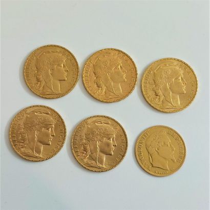 null Cinq pièces de 20 francs or (1907- 2 x 1908-1911 et 1913) et une pièce de 10...