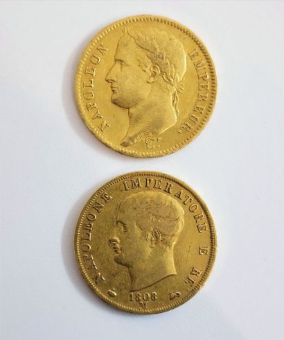 null Deux pièces or : 1 pièce de 40 francs, 1811 K et 1 pièce de 40 lires, 1808 M

Rayures...