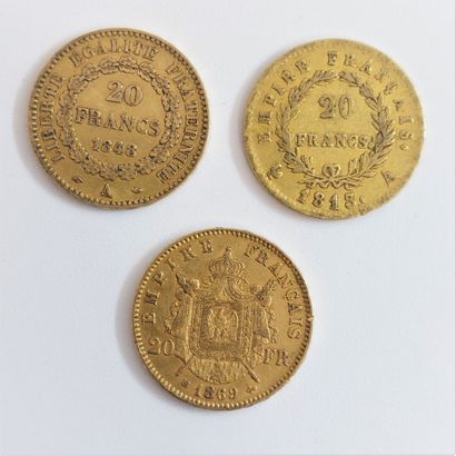 null Trois pièces de 20 francs or, 1813, 1848 et 1869

Rayures d'usage