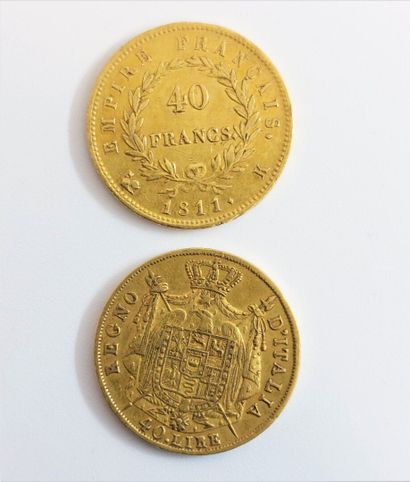 Deux pièces or : 1 pièce de 40 francs, 1811...