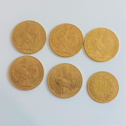 null Cinq pièces de 20 francs or (1907- 2 x 1908-1911 et 1913) et une pièce de 10...