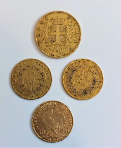 null Quatre pièces or :une pièce de 20 lires or 1863, et trois pièces de 10 francs...