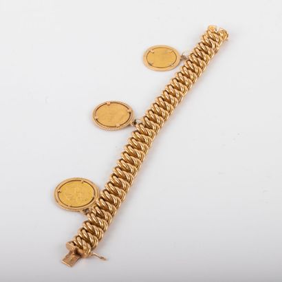 null Bracelet in 18K gold, decorated with coins in tassel, including 20 Fr Napoleon...