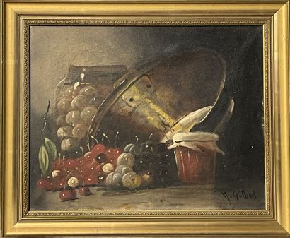 null René Joseph GILBERT (1858-1914)
Nature morte aux cerises et raisins
Huile sur...