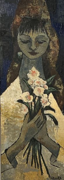 null Roger CRUSAT (1917-1994) 
Young girl with a bouquet
Oil on panel signed lower...