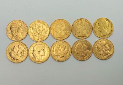 null 10 pièces de 20 fr or ( 1876 A, 1879 A, 1895 A, 1908, 1911, 4 x 1914, AN 12)...