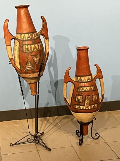 Two large Berber earthenware jars painted...