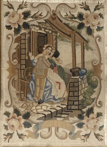 Framed embroidery representing a scene of...