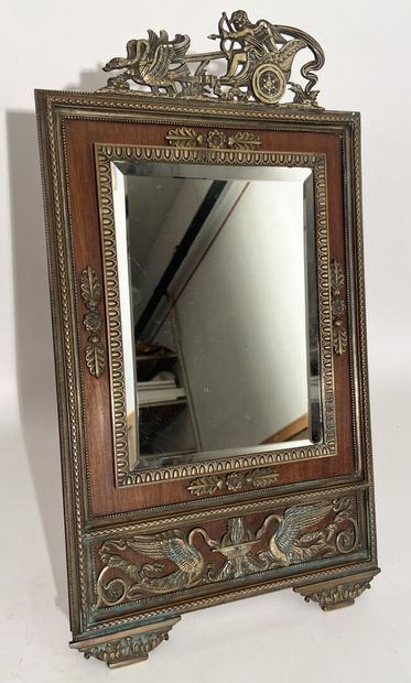 Wood and bronze table mirror with swans and...