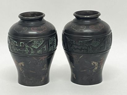 Pair of bronze vases with polychrome niello...