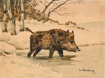null Charles Fernand de CONDAMY (c.1855-1913)
Boar under the snow
Watercolor signed...