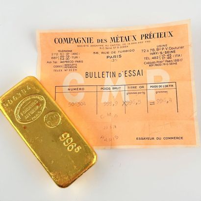 null Lingot or 996.5 %°, N° 506304- Bulletin d'essai Compagnie des métaux précieux...