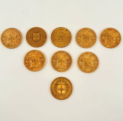 null 6 Pièces 20 Fr Suisse or et 3 pièces de 20 Lires or 
état d'usage 