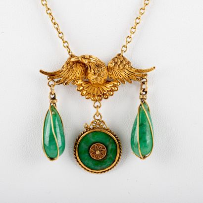 Eagle' pendant chain in 18K gold with jade...