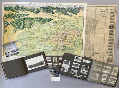 null Lot including :
- a large polychrome aerial view map of Peking with captions,...