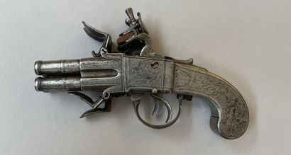 null Scottish flintlock pistol with four rotating barrels. Gooseneck hammer, independent...