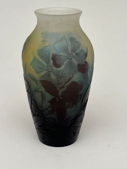 null GALLE
Vase en verre multicouche à décor de fleurs bleu et violine dégagé à l'acide.
Signé.
H...