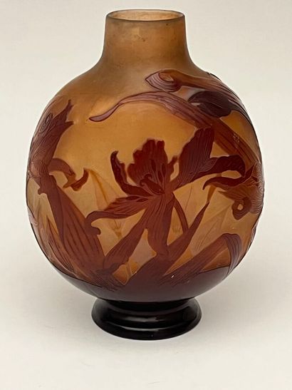 null GALLE
Vase gourde sur talon en verre multicouche à décor de lys dégagé à l'acide.
Signé.
H...