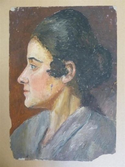 null Jules CAVAILLES (1901-1977) 
Jeanine de profil 
Huile sur carton 
37,5 x 26...