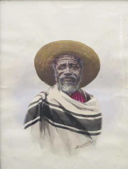 null Alphonse RAKOTOVAO (XX)
Portrait de vieux Malgache au chapeau 
Aquarelle signée...