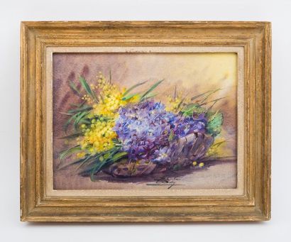 null Blanche ODIN (1865-1957 ) 
Bouquet de mimosa et violettes 
Aquarelle signée...
