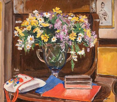 null Renée ASPE (1929-1969) 
Intérieur au vase de fleurs
Huile sur carton signé en...